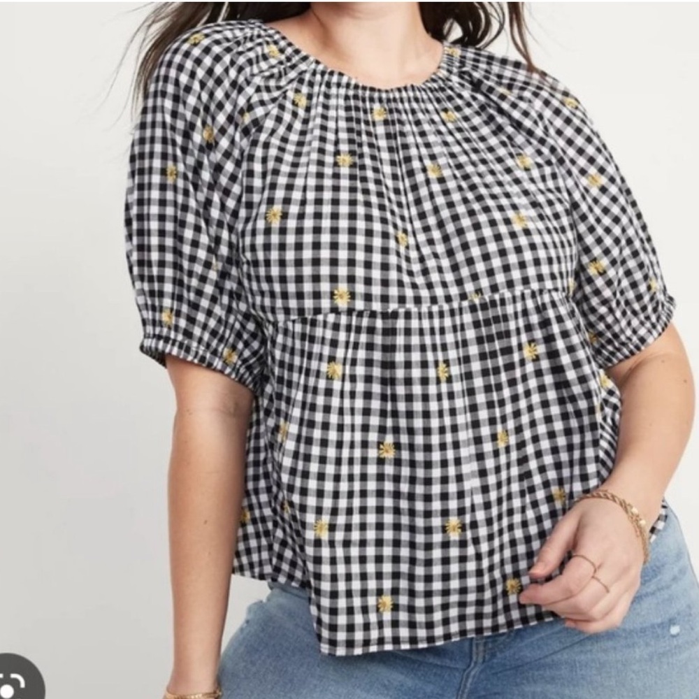 Old Navy Embroidered Black and White Gingham Babydoll Blouse